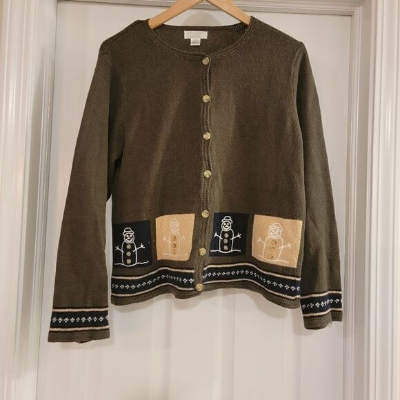 Christopher & Banks Snowman Sweater, Green, large - Picture 1 of 4